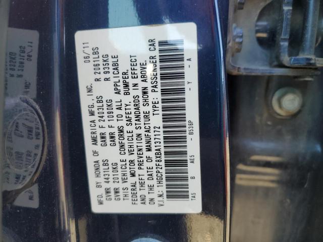 1HGCP2F8XBA137172 - 2011 HONDA ACCORD EXL BLUE photo 12