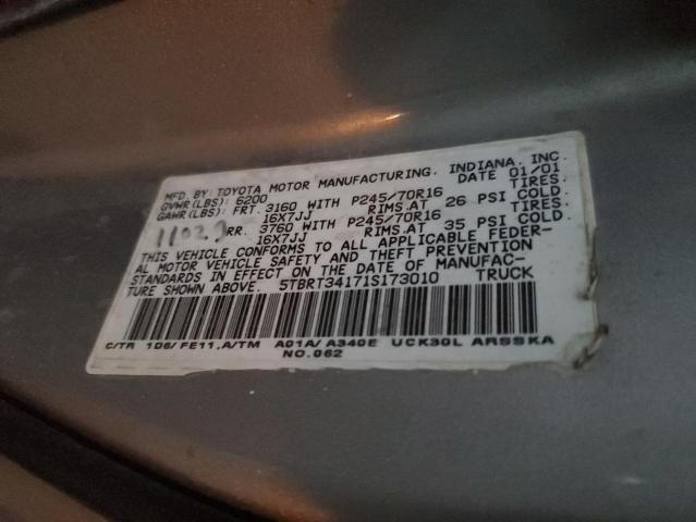 5TBRT34171S173010 - 2001 TOYOTA TUNDRA ACCESS CAB ნაცრისფერი ფოტო 12