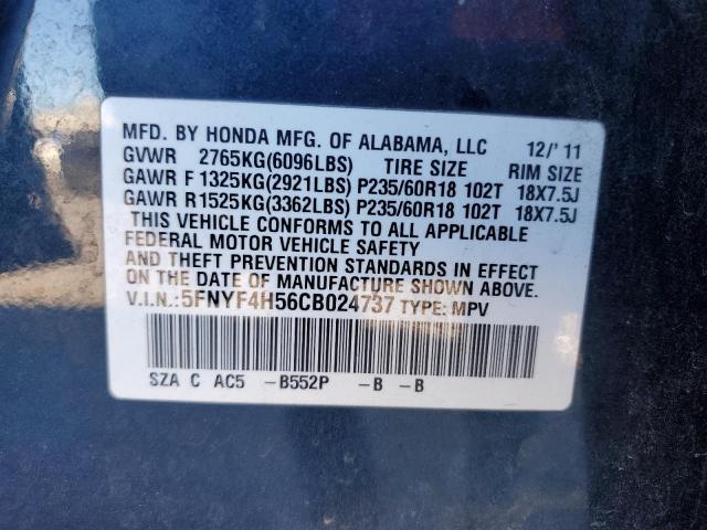 5FNYF4H56CB024737 - 2012 HONDA PILOT EXL BLUE photo 13