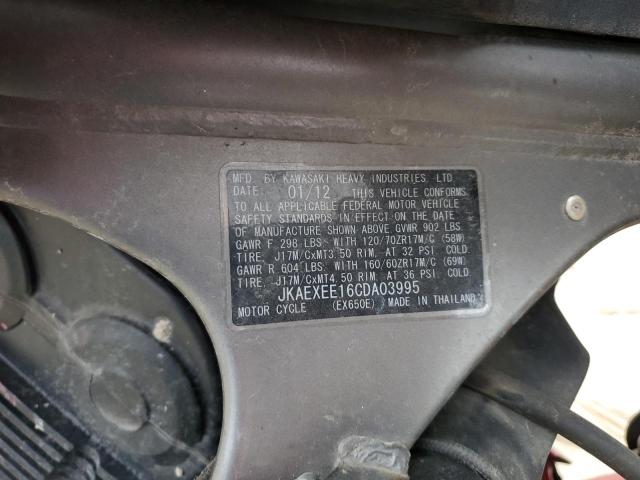 JKAEXEE16CDA03995 - 2012 KAWASAKI EX650 EC RED photo 8