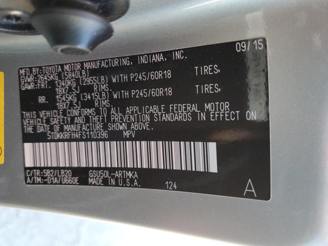 5TDKKRFH4FS110396 - 2015 TOYOTA HIGHLANDER XLE CREAM photo 14