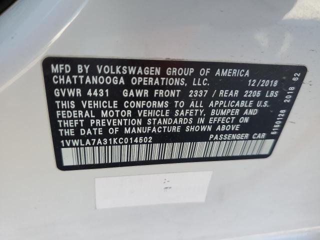 1VWLA7A31KC014502 - 2019 VOLKSWAGEN PASSAT WOLFSBURG 白色 照片 13