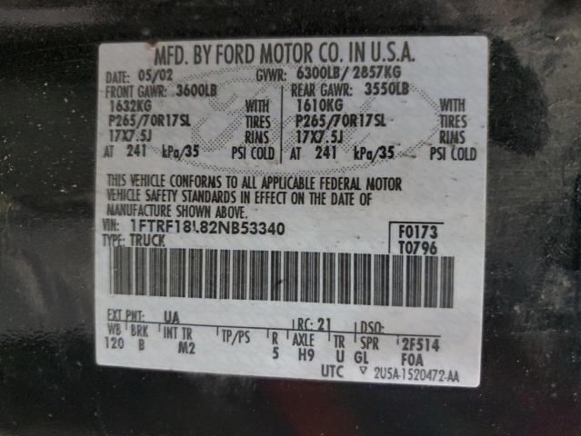 1FTRF18L82NB53340 - 2002 FORD F150 BLACK photo 12