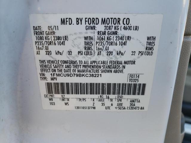 1FMCU9D79BKC38221 - 2011 FORD ESCAPE XLT WHITE photo 13