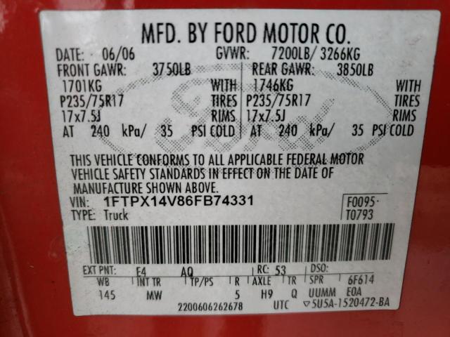 1FTPX14V86FB74331 - 2006 FORD F150 RED photo 12