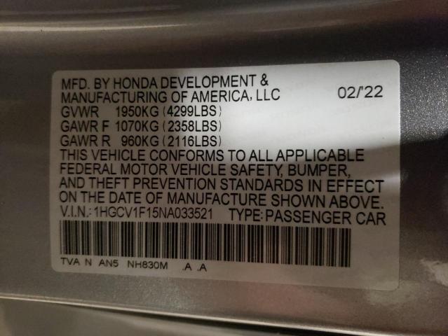 1HGCV1F15NA033521 - 2022 HONDA ACCORD LX GRAY photo 13