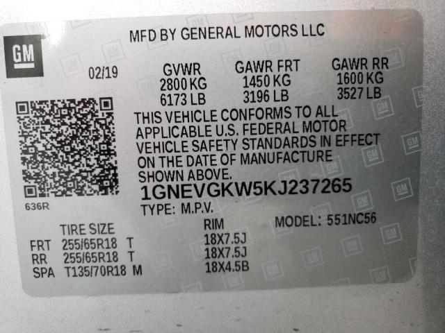 1GNEVGKW5KJ237265 - 2019 CHEVROLET TRAVERSE LT SILVER photo 13