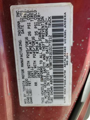 5TBRT34161S177212 - 2001 TOYOTA TUNDRA ACCESS CAB წითელი ფოტო 12