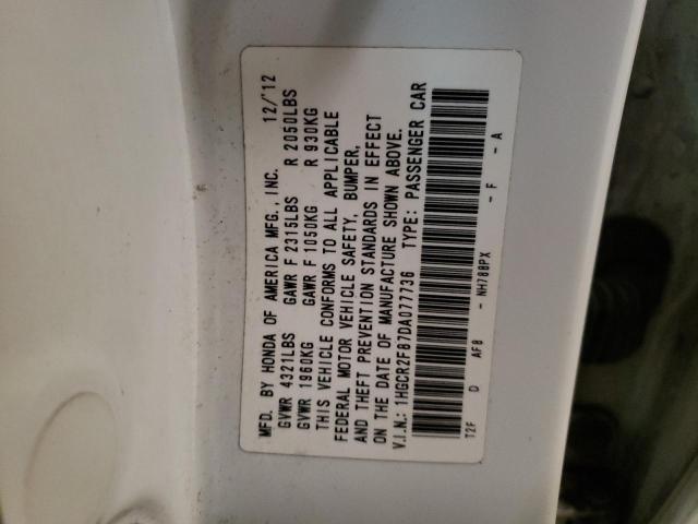 1HGCR2F87DA077736 - 2013 HONDA ACCORD EXL WHITE photo 12