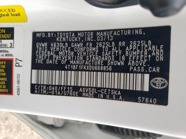 4T1BF1FKXDU668856 - 2013 TOYOTA CAMRY L WHITE photo 12