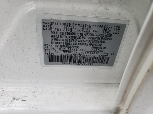 3N1AB7AP0KY286995 - 2019 NISSAN SENTRA S WHITE photo 12