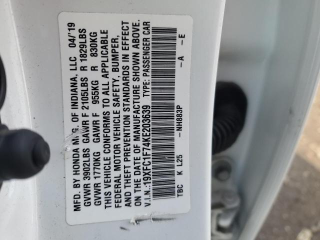 19XFC1F74KE203639 - 2019 HONDA CIVIC EXL Սպիտակ լուսանկար 12