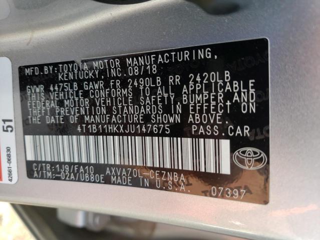 4T1B11HKXJU147675 - 2018 TOYOTA CAMRY L GRAY photo 12