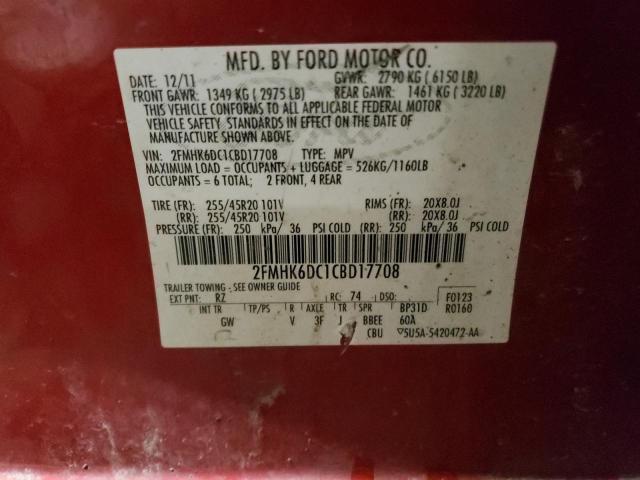 2FMHK6DC1CBD17708 - 2012 FORD FLEX LIMITED RED photo 12