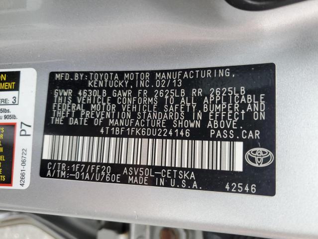 4T1BF1FK6DU224146 - 2013 TOYOTA CAMRY L SILVER photo 12