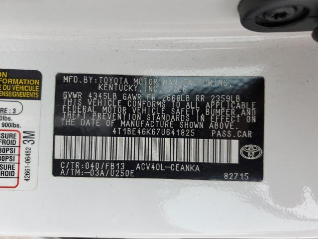 4T1BE46K67U641825 - 2007 TOYOTA CAMRY CE WHITE photo 12