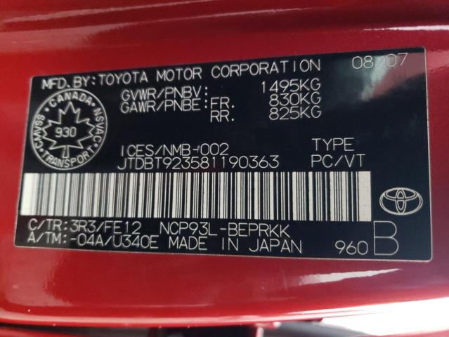 JTDBT923581190363 - 2008 TOYOTA YARIS RED photo 12