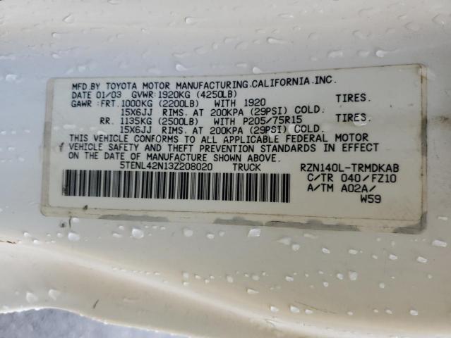 5TENL42N13Z208020 - 2003 TOYOTA TACOMA WHITE photo 12