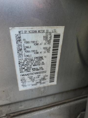 1N6AA07A74N593202 - 2004 NISSAN TITAN XE SILVER photo 12