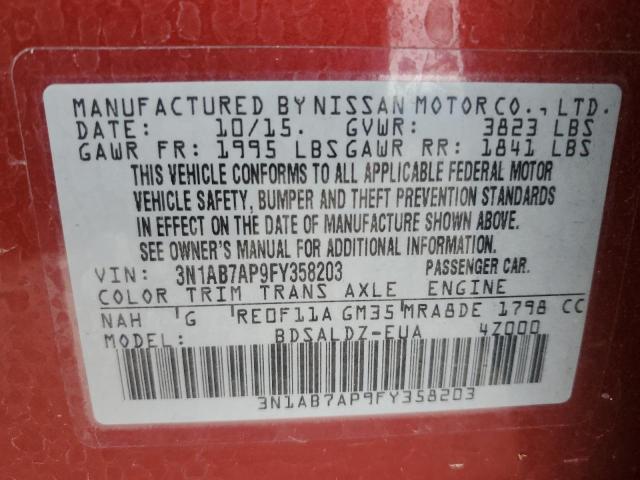 3N1AB7AP9FY358203 - 2015 NISSAN SENTRA S RED photo 12