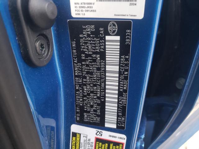 4T1G11AK1LU376992 - 2020 TOYOTA CAMRY SE BLUE photo 12