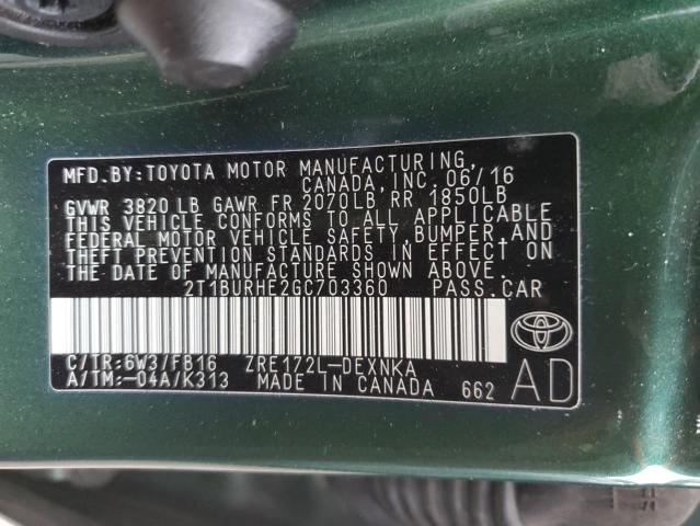 2T1BURHE2GC703360 - 2016 TOYOTA COROLLA L GREEN photo 12