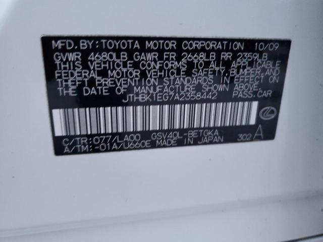 JTHBK1EG7A2358442 - 2010 LEXUS ES 350 WHITE photo 12