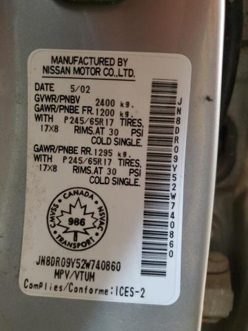 JN8DR09Y52W740860 - 2002 NISSAN PATHFINDER LE Gümüş foto 13