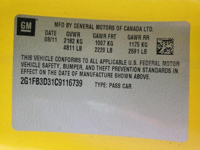 2G1FB3D31C9116739 - 2012 CHEVROLET CAMARO LT YELLOW photo 12