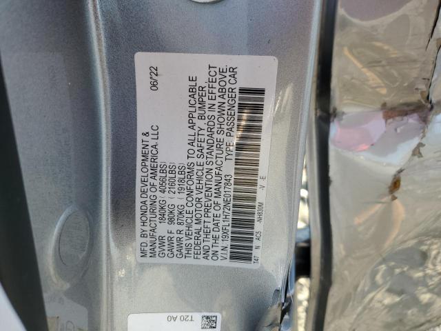 19XFL1H72NE017843 - 2022 HONDA CIVIC EXL ვერცხლისფერი ფოტო 12