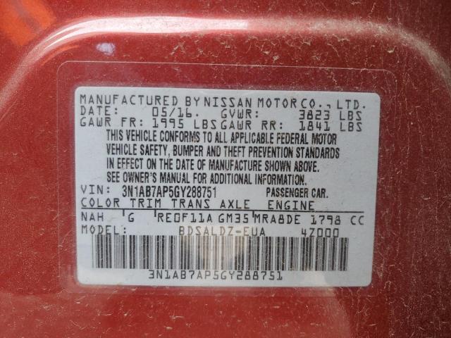 3N1AB7AP5GY288751 - 2016 NISSAN SENTRA S RED photo 12