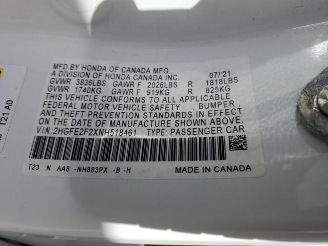 2HGFE2F2XNH518461 - 2022 HONDA CIVIC LX WHITE photo 13