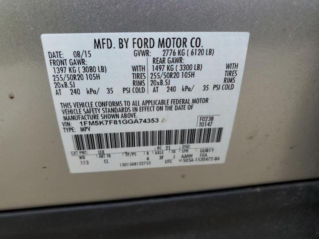 1FM5K7F81GGA74353 - 2016 FORD EXPLORER LIMITED SILVER photo 13