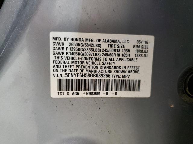 5FNYF6H58GB089266 - 2016 HONDA PILOT EXL SILVER photo 13