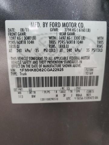 1FMHK8D82CGA22925 - 2012 FORD EXPLORER XLT GRAY photo 14