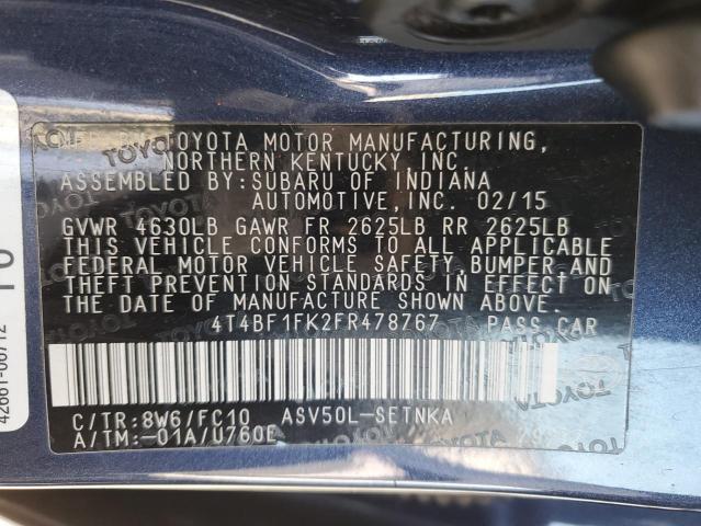 4T4BF1FK2FR478767 - 2015 TOYOTA CAMRY LE BLUE photo 12