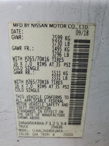 1N6AD0ER8KN712534 - 2019 NISSAN FRONTIER S WHITE photo 12