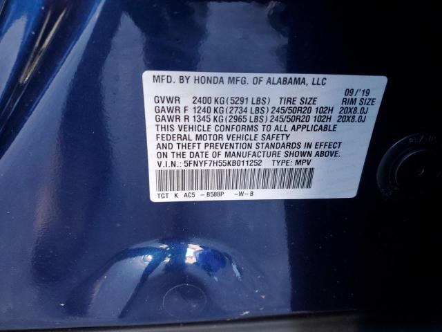 5FNYF7H55KB011252 - 2019 HONDA PASSPORT EXL BLUE photo 13