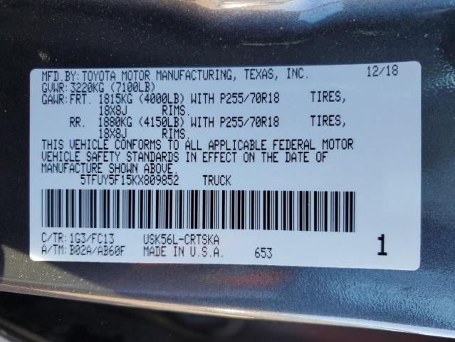 5TFUY5F15KX809852 - 2019 TOYOTA TUNDRA DOUBLE CAB SR/SR5 CHARCOAL photo 12