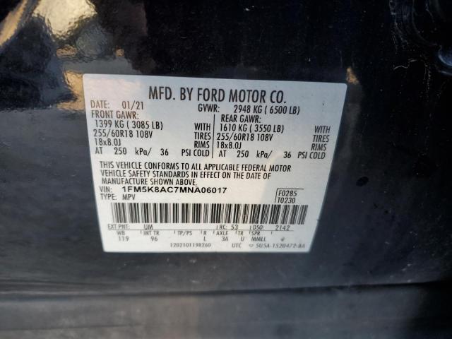 1FM5K8AC7MNA06017 - 2021 FORD EXPLORER POLICE INTERCEPTOR შავი ფოტო 12