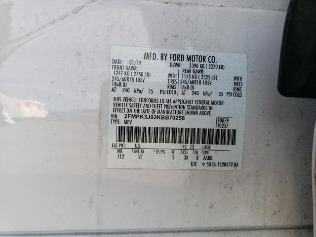 2FMPK3J93KBB70258 - 2019 FORD EDGE SEL WHITE photo 13