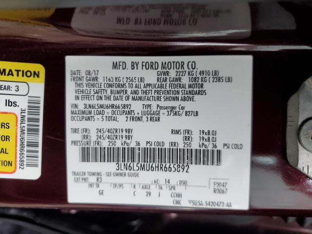 3LN6L5MU6HR665892 - 2017 LINCOLN MKZ HYBRID RESERVE BURGUNDY photo 12