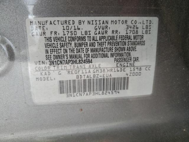 3N1CN7AP3HL824594 - 2017 NISSAN VERSA S GRAY photo 12