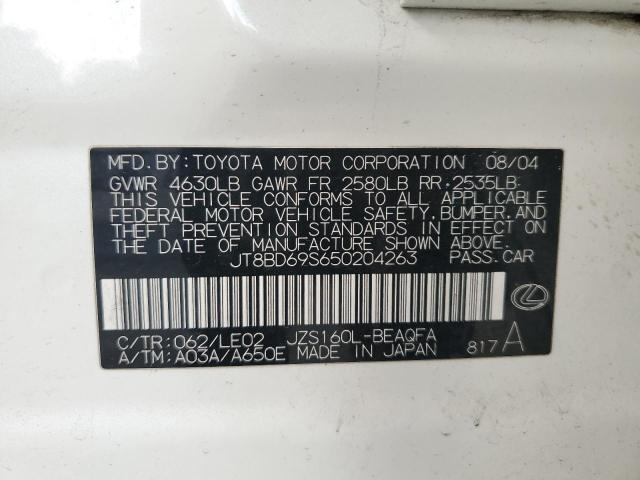 JT8BD69S650204263 - 2005 LEXUS GS 300 WHITE photo 12