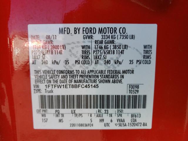 1FTFW1ET8BFC45145 - 2011 FORD F150 SUPERCREW RED photo 12