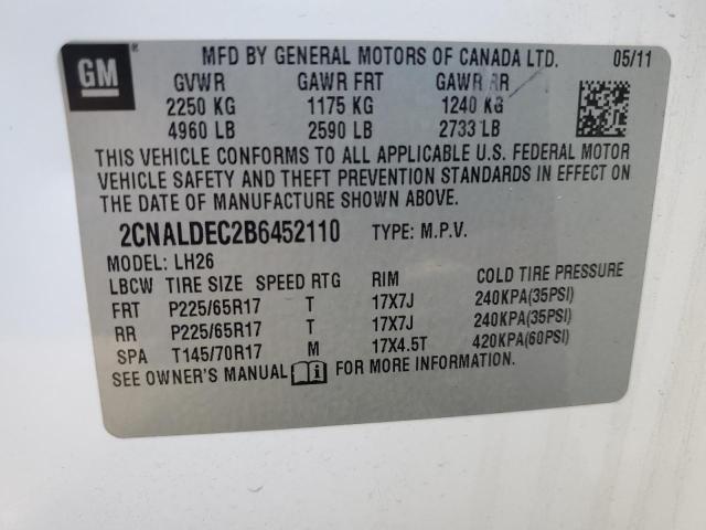 2CNALDEC2B6452110 - 2011 CHEVROLET EQUINOX LT WHITE photo 12