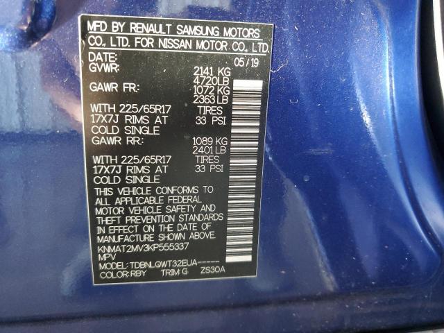 KNMAT2MV3KP555337 - 2019 NISSAN ROGUE S BLUE photo 14