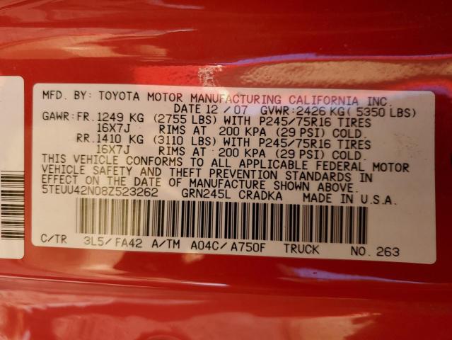 5TEUU42N08Z523262 - 2008 TOYOTA TACOMA ACCESS CAB Қызыл фото 12