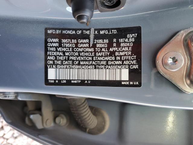 SHHFK7H59HU420493 - 2017 HONDA CIVIC EX GRAY photo 13