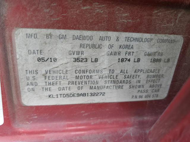 KL1TD5DE9AB132272 - 2010 CHEVROLET AVEO LS წითელი ფოტო 12